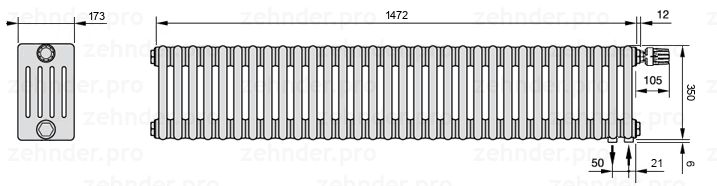 Схема (чертеж) Радиатор Zehnder Charleston 5035/32 №V002 Белый глянцевый RAL 9016